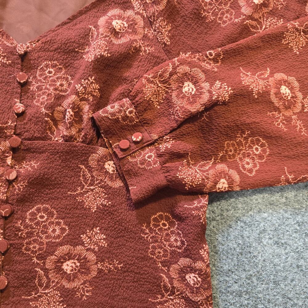 Madewell Top Womens Size XL Orange Floral Cropped Peasant Smocked V Neck Casual - Picture 4 of 9
